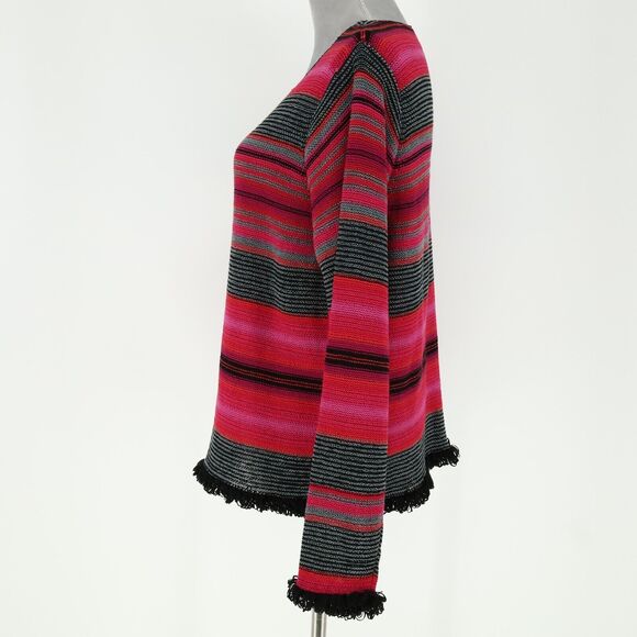 Sigrid Olsen Sport Sweater Womens Large Pink Black Stripe Sleeves Hem Fringe - Picture 12 of 13